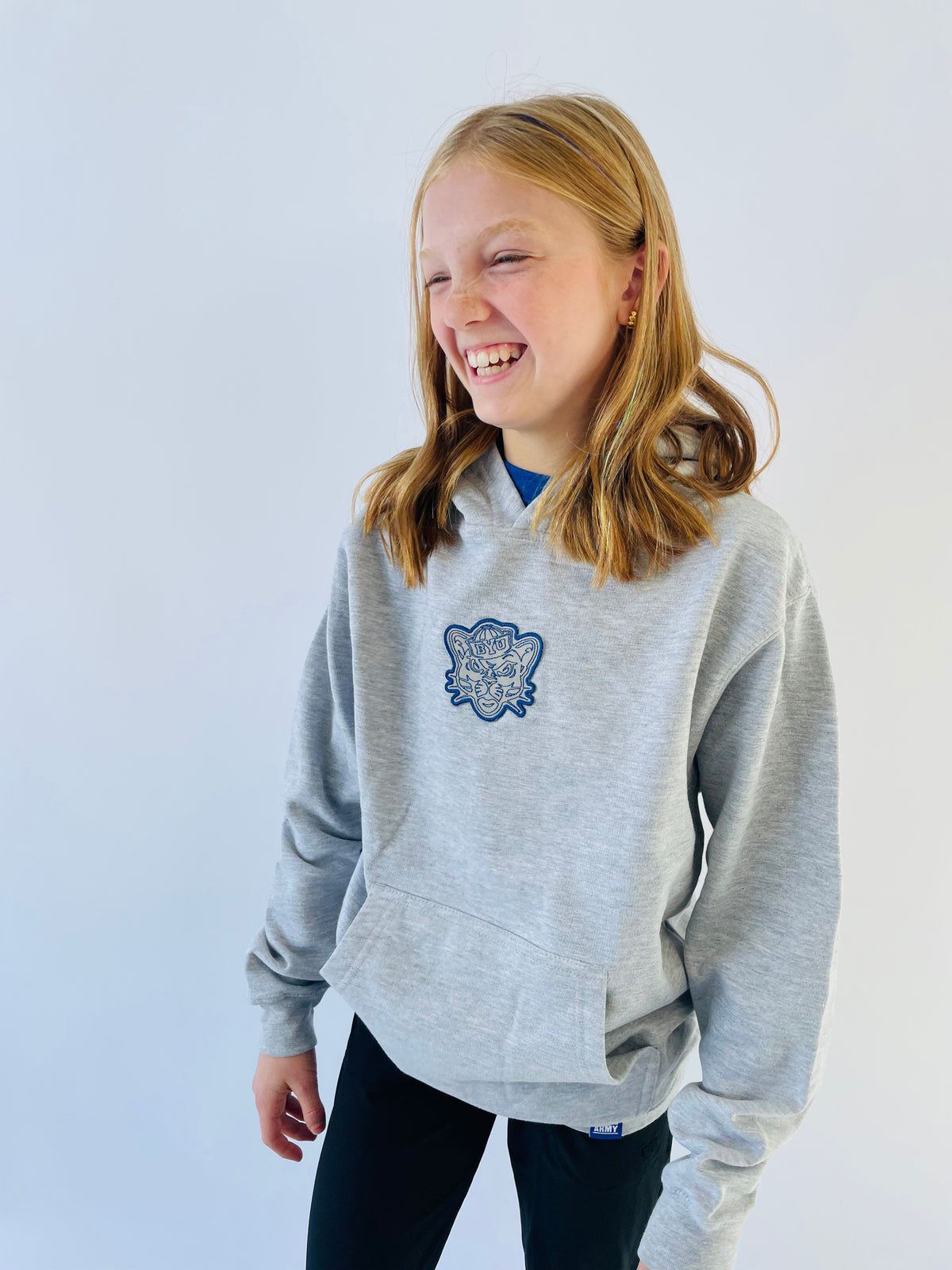 Kids Heather Gray Pullover Hoodie with Gray and Royal BYU Sailor Cougar Patch