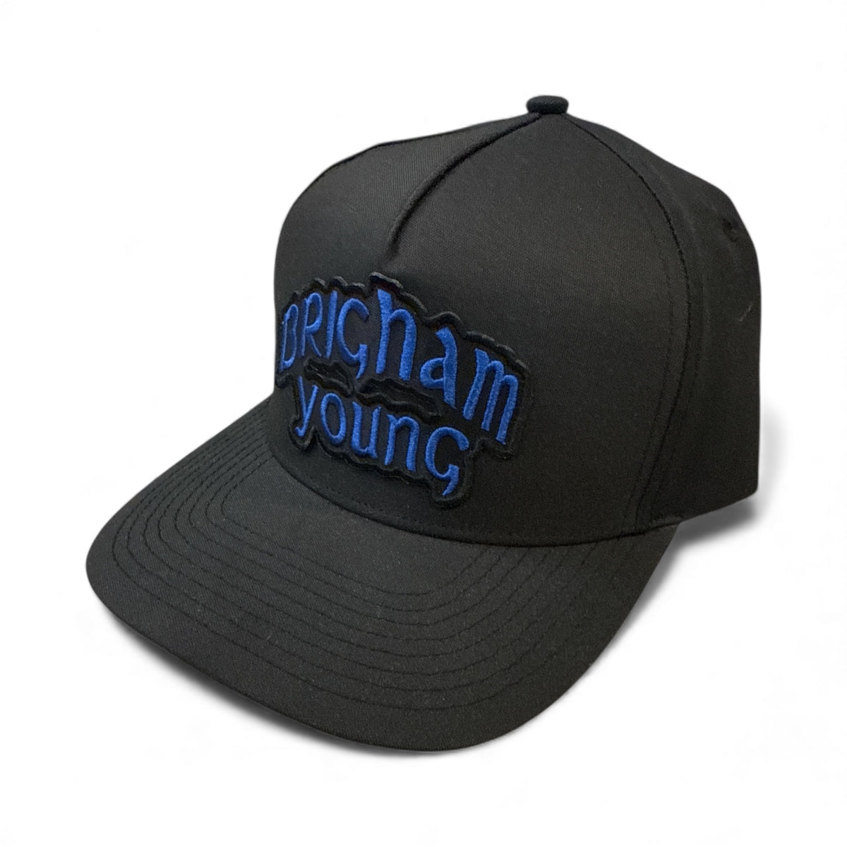 Black and Royal Brigham Young Script Patch Snapback Hat