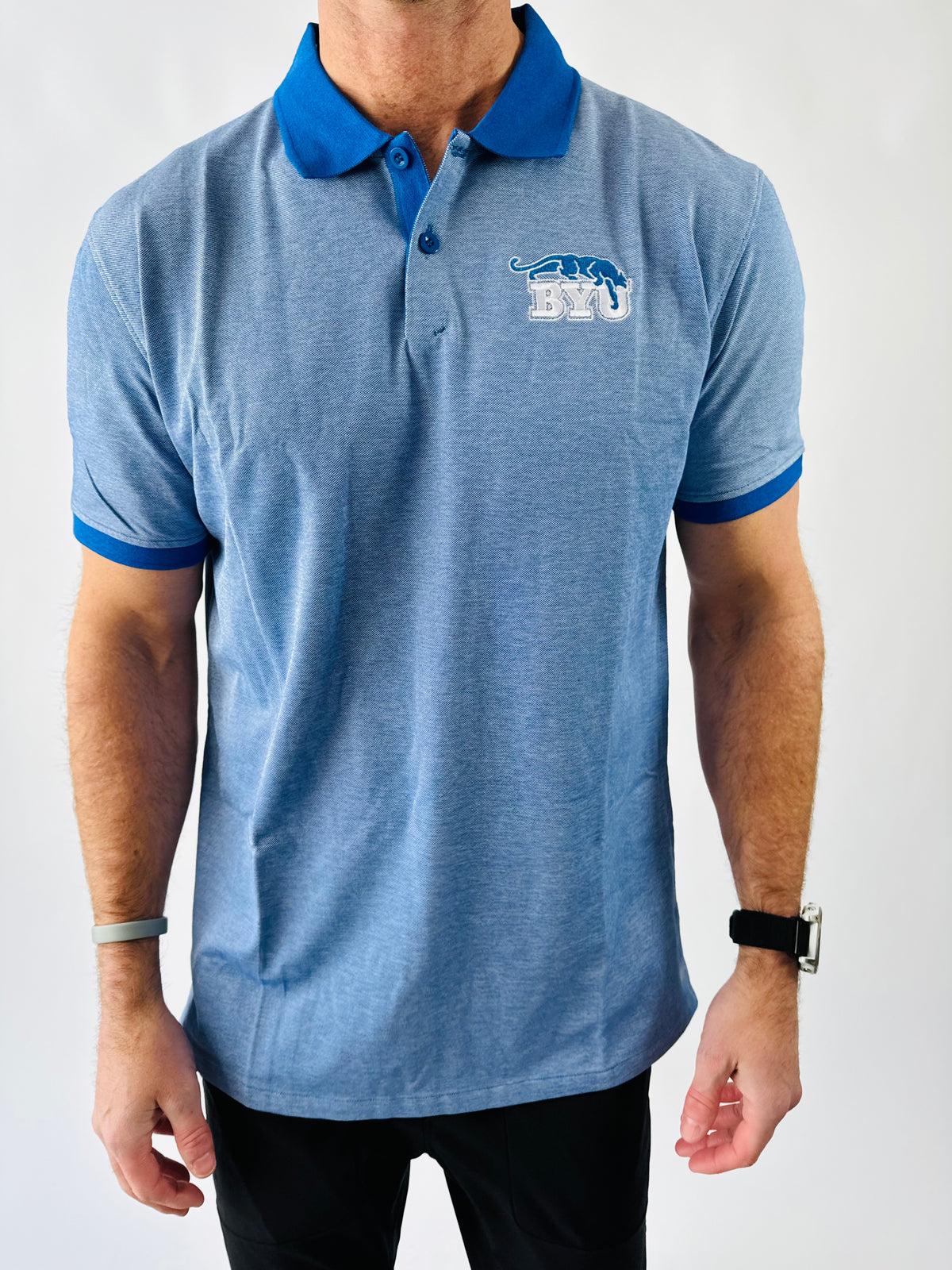 Heather Blue Polo with Embroidered BYU Beet Digger