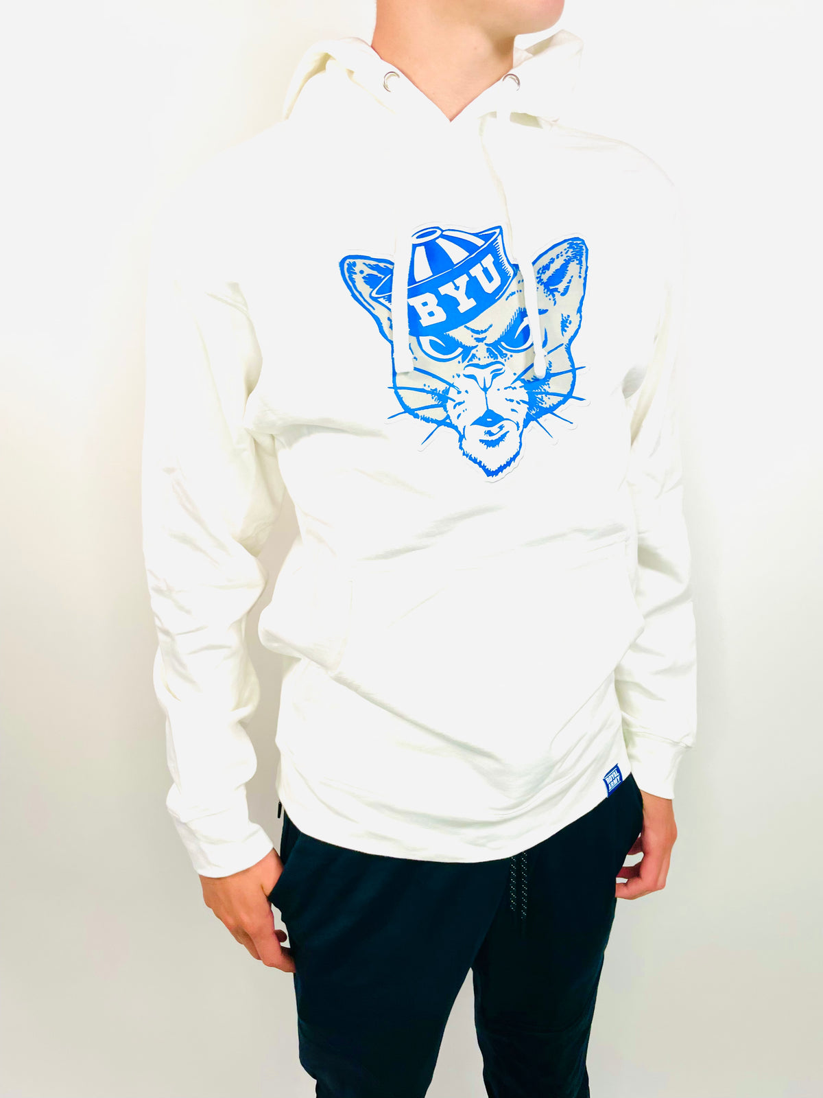 White Pullover Hoodie with Large Vintage BYU Sailor Cougar Patch