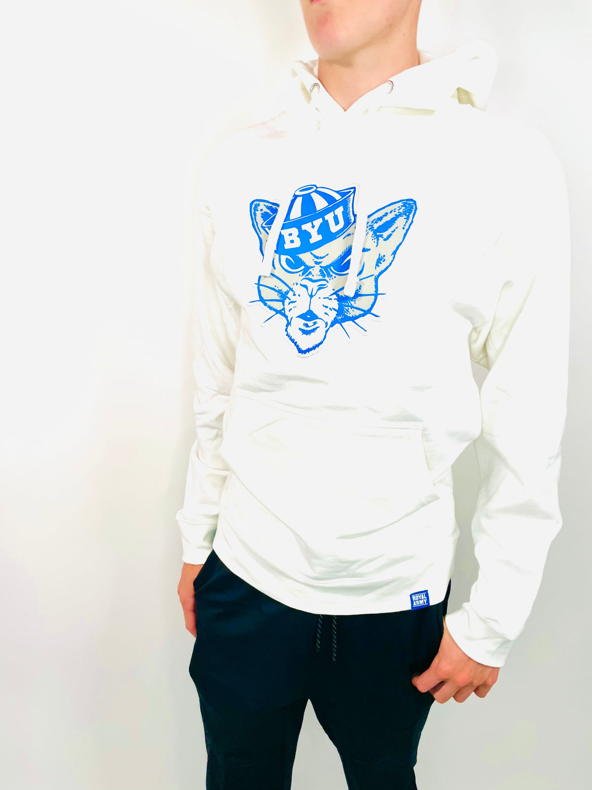 White Pullover Hoodie with Large Vintage BYU Sailor Cougar Patch