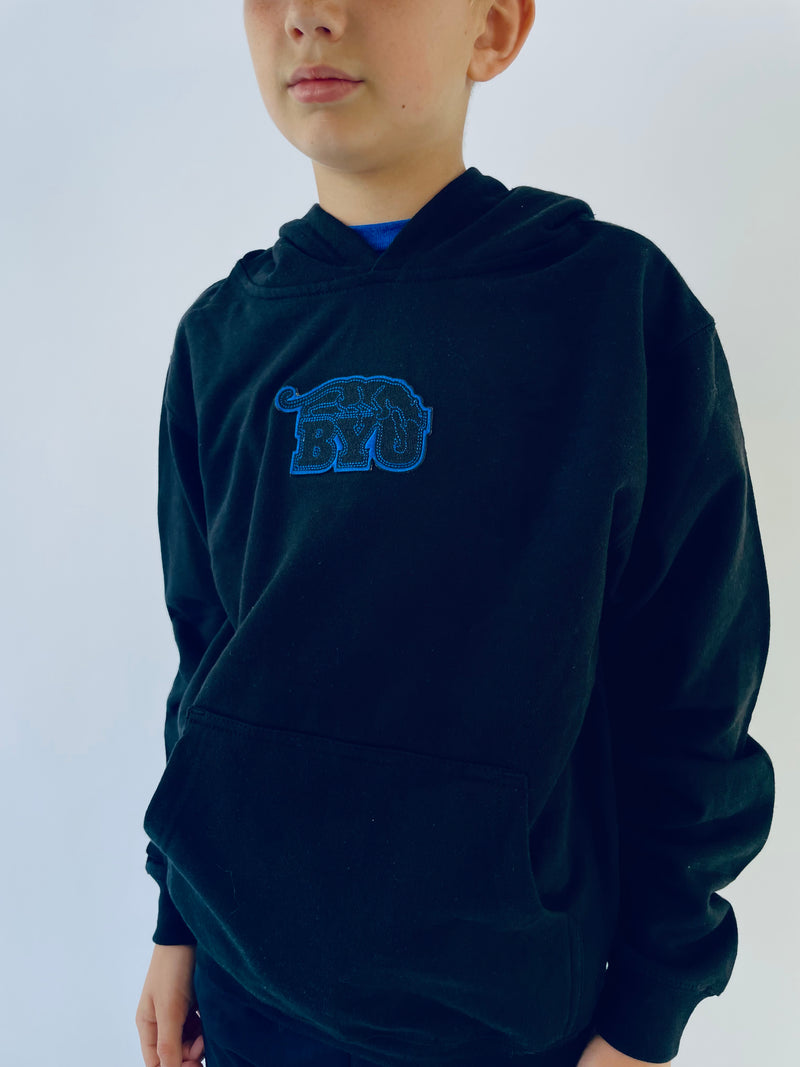Kids Black Pullover Hoodie with Black and Royal BYU Beet Digger Patch