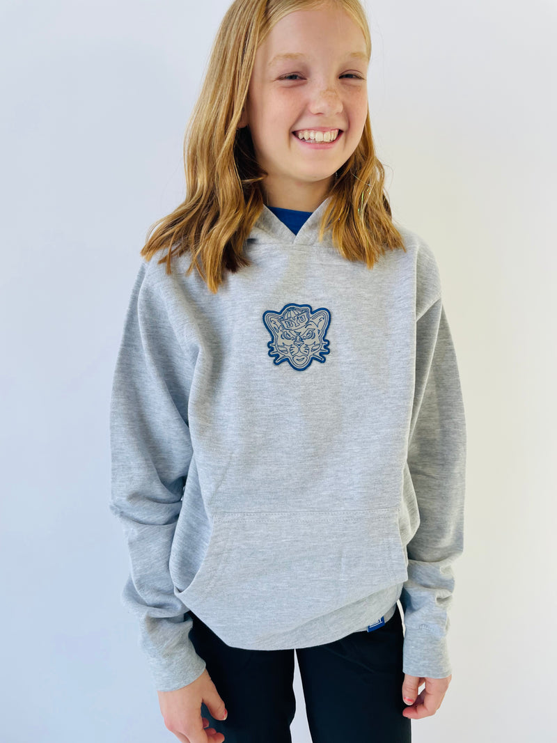 Kids Heather Gray Pullover Hoodie with Gray and Royal BYU Sailor Cougar Patch
