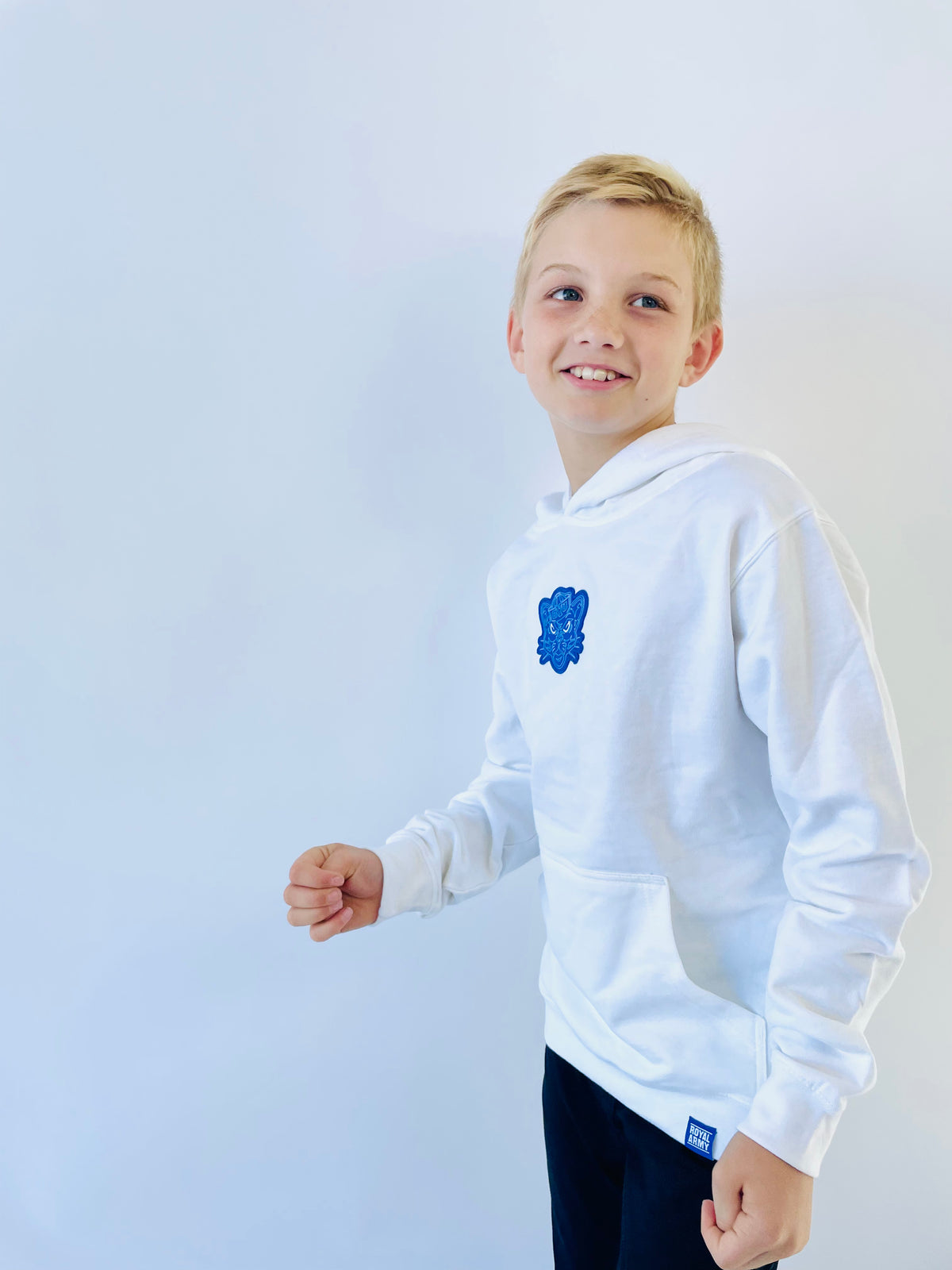 Kids White Pullover Hoodie with Custom Sailor Cougar Patch