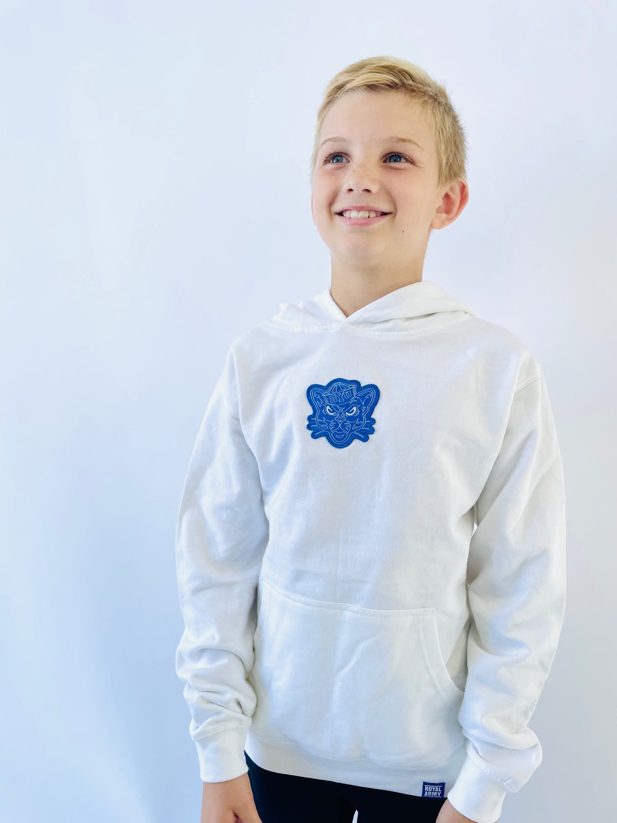 Kids White Pullover Hoodie with Custom Sailor Cougar Patch