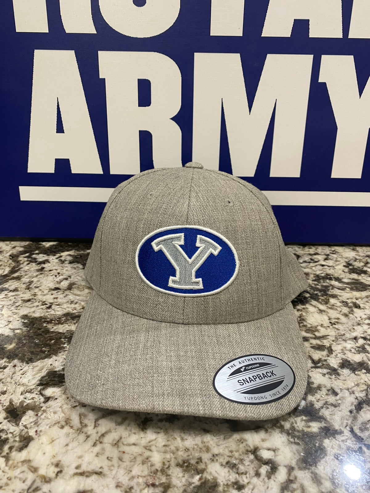 Heather Gray Snapback Hat with Embroidered BYU Stretch Y