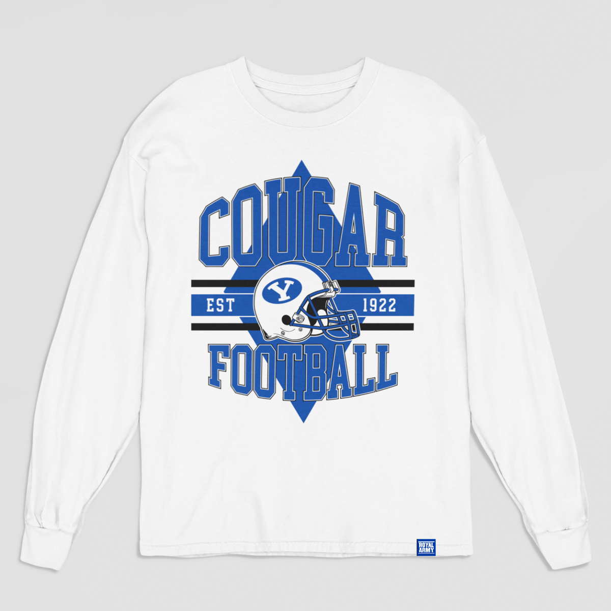 White long-sleeve shirt with blue and black 'Cougar Football' design