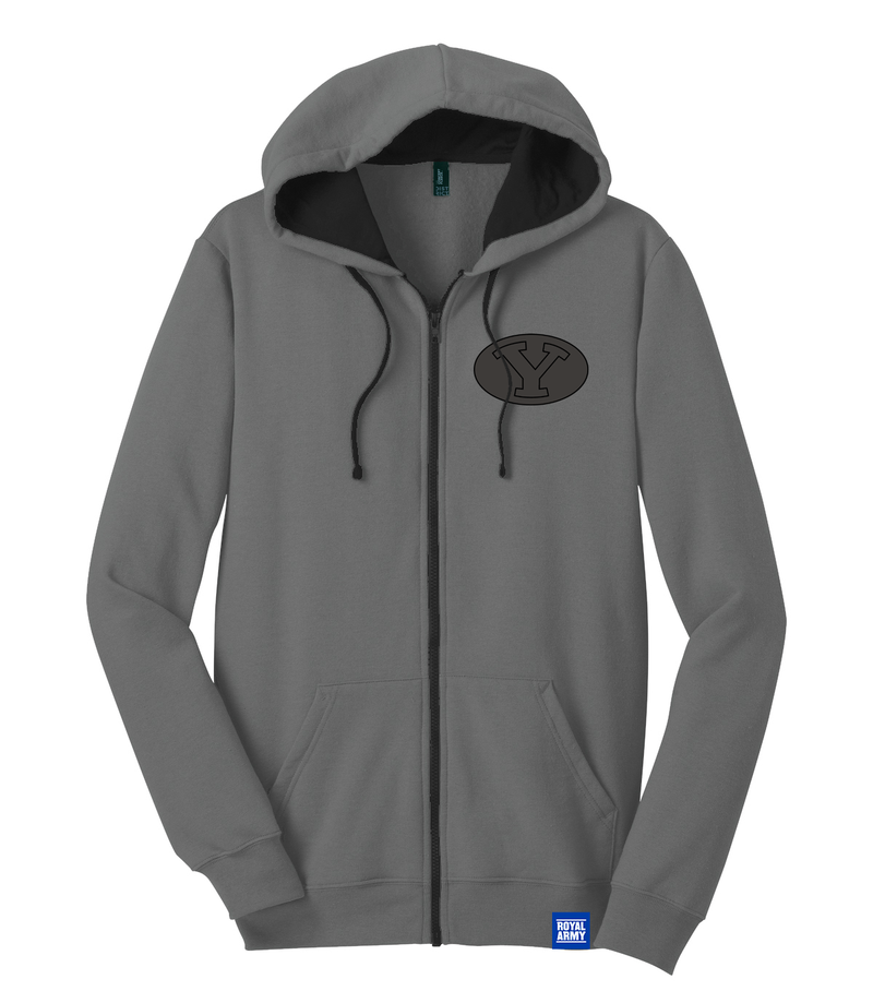 Gray and Black Full-zip Hoodie with Custom Blackout BYU Stretch Y Patch