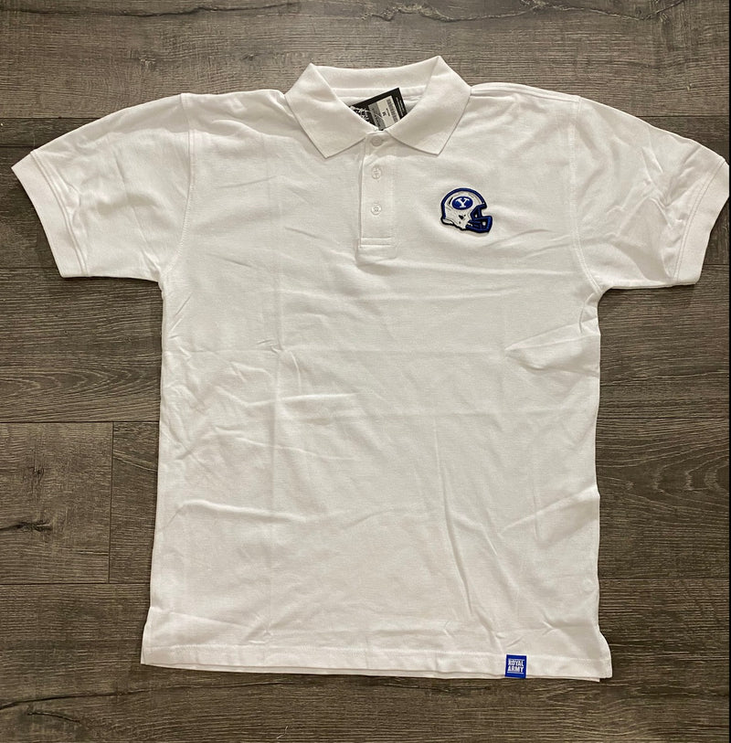 White Polo with Custom BYU Helmet Puff Patch