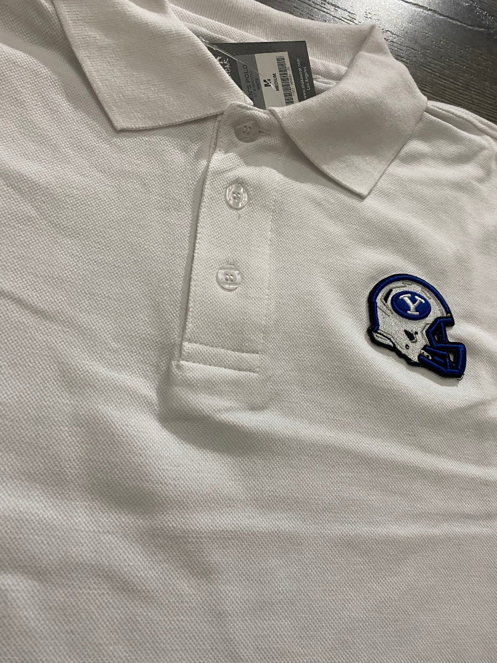 White Polo with Custom BYU Helmet Puff Patch