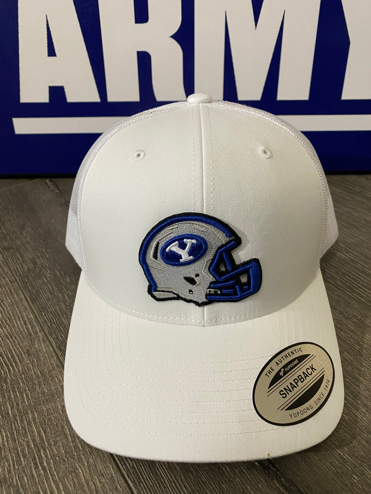 White Snapback Hat with 3D BYU Helmet Patch