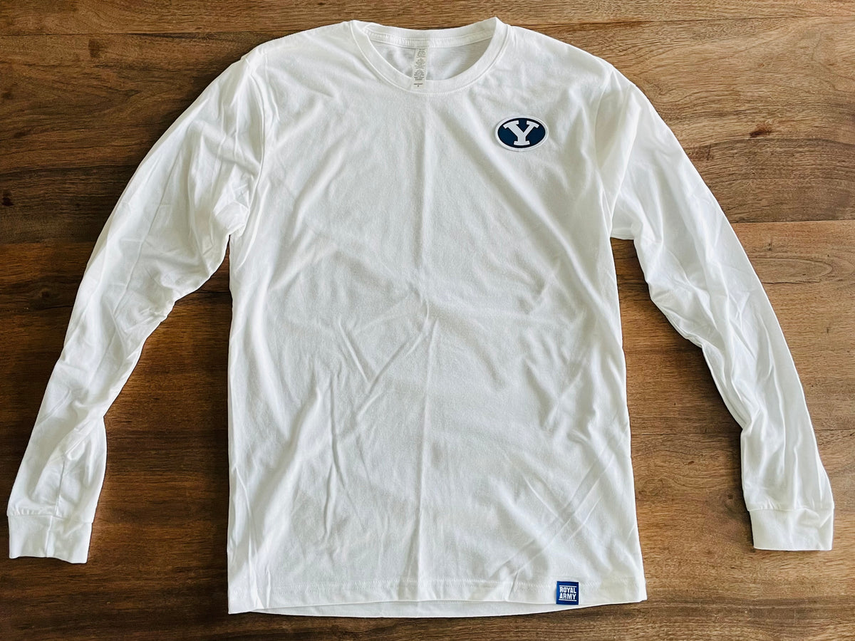 Long-sleeve White T-shirt with Mini Navy and White Stretch Y Patch