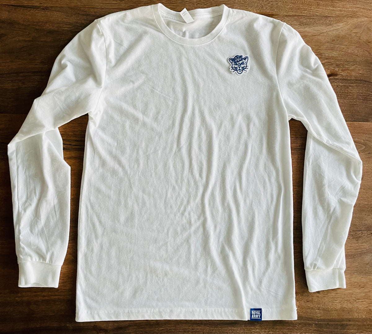 Long-sleeve White T-shirt with Mini BYU Sailor Cougar Patch