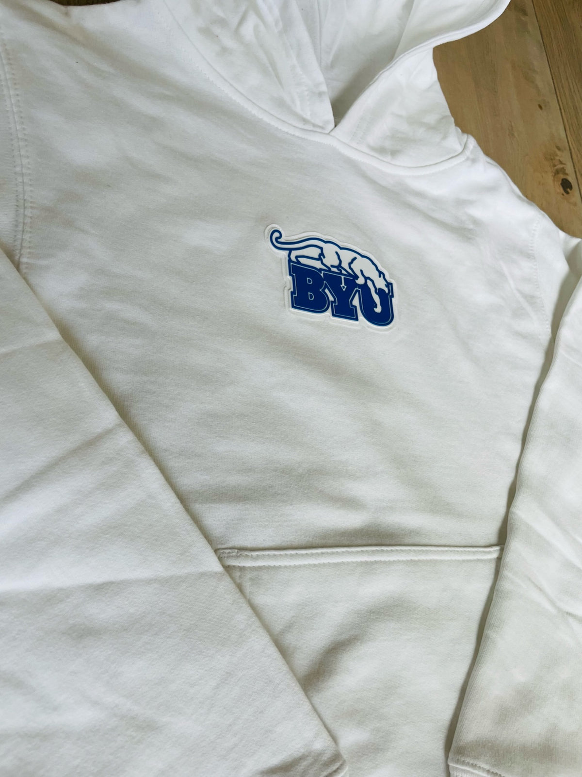 Kids White Pullover Hoodie with Silicone BYU Beet Digger Patch