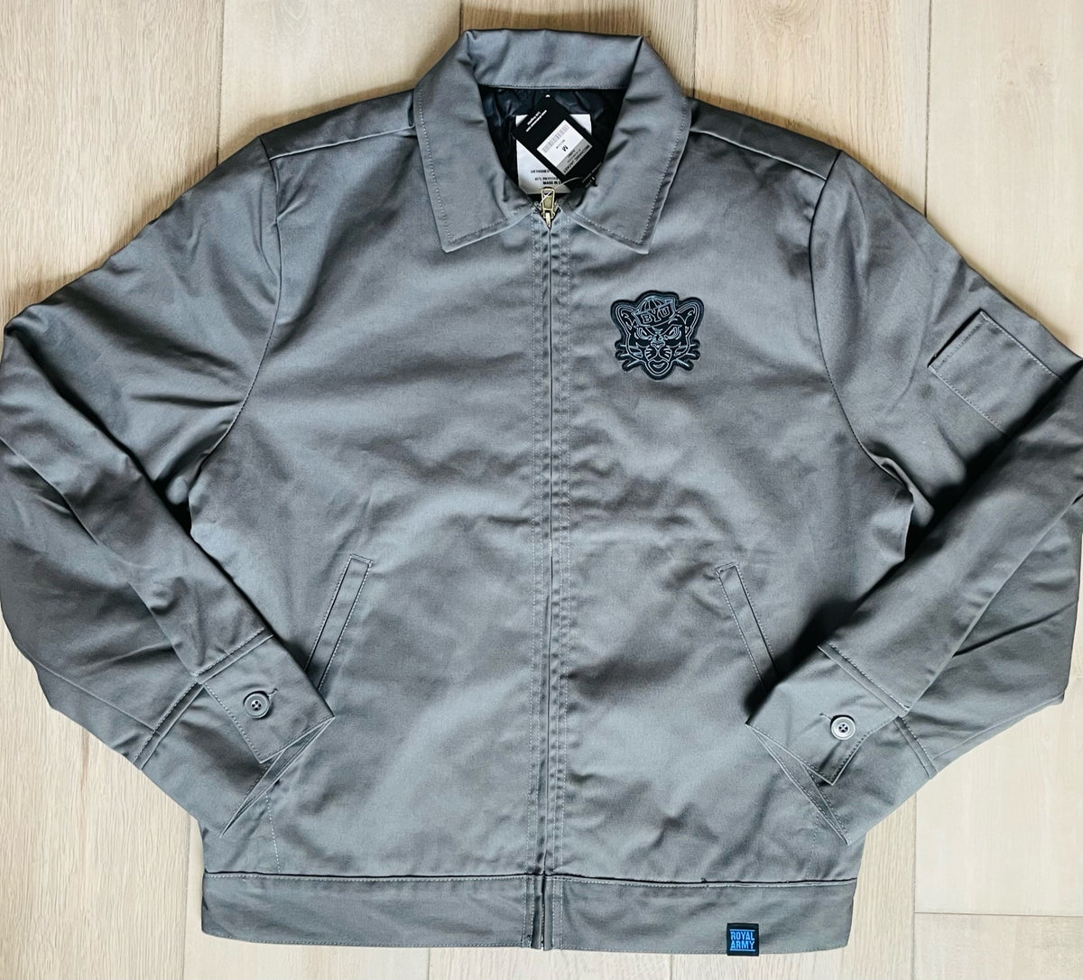 Gray Mechanics Jacket with Custom Black and White BYU Sailor Cougar Patch