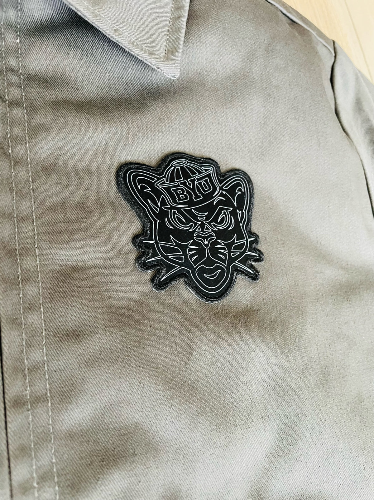 Gray Mechanics Jacket with Custom Black and White BYU Sailor Cougar Patch