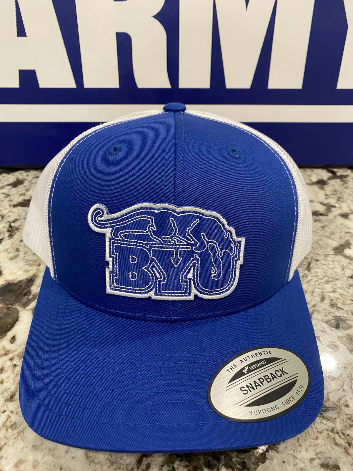 Royal and White Stitched BYU Beet Digger Snapback Trucker Hat