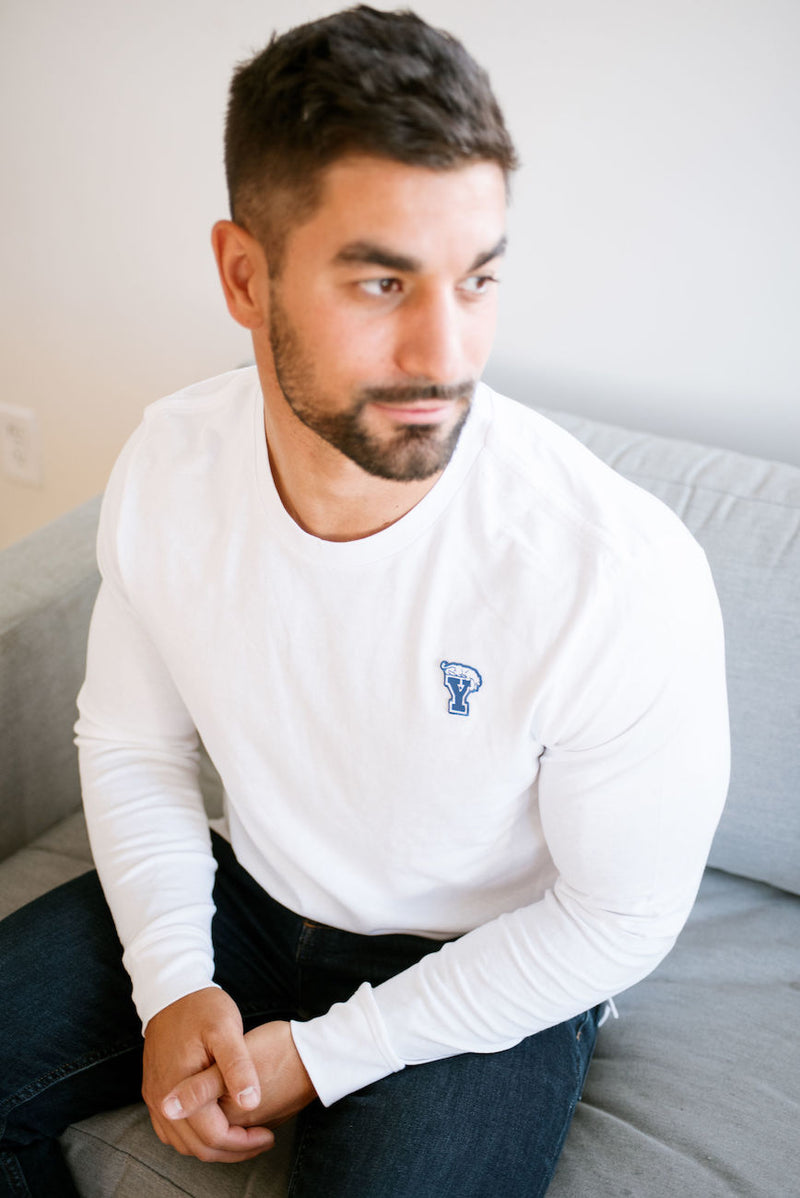 White Long-Sleeve Tee with Mini BYU Block Y Patch