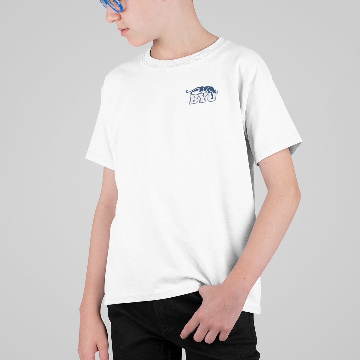 Kids White T-Shirt with Navy BYU Beet Digger Mini Patch